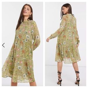 Vero Moda chiffon midi dress with high neck in green floral